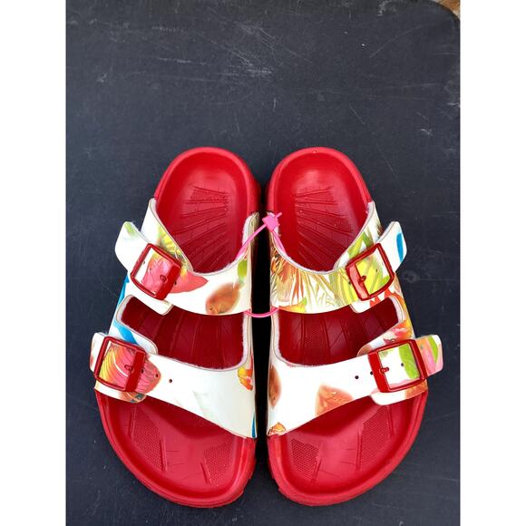 Birkis by Birkenstock Cuba Red Floral 3 Strap Buckle Slide Sandals - Picture 1 of 5